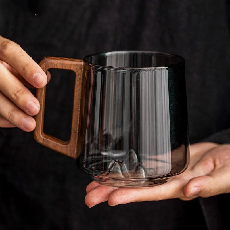 Modern Glass Mug with Wooden Side Handle