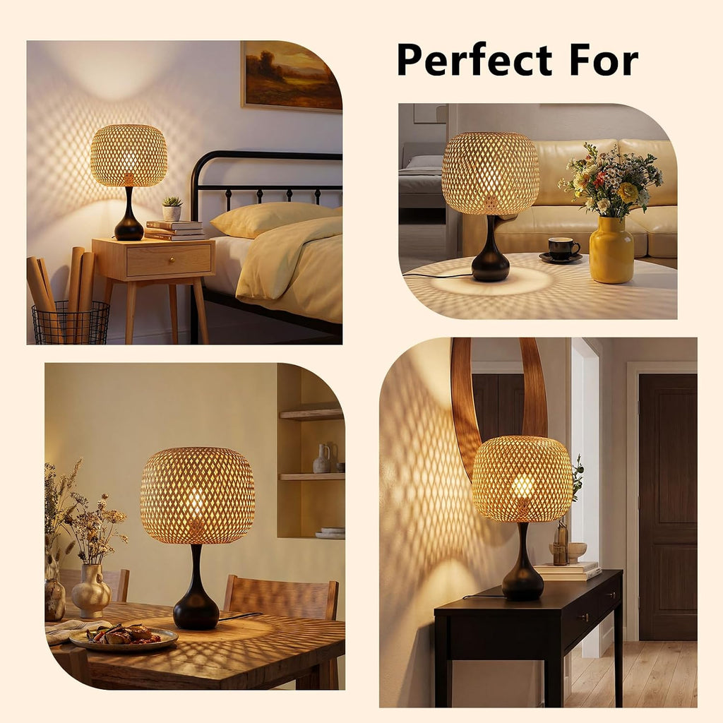 Touch Bedside Lamp for Bedroom, 3-Way Dimmable Table Lamps for Nightstand, Handwoven Bamboo Shade Desk Lamp for Living Room, Home Office