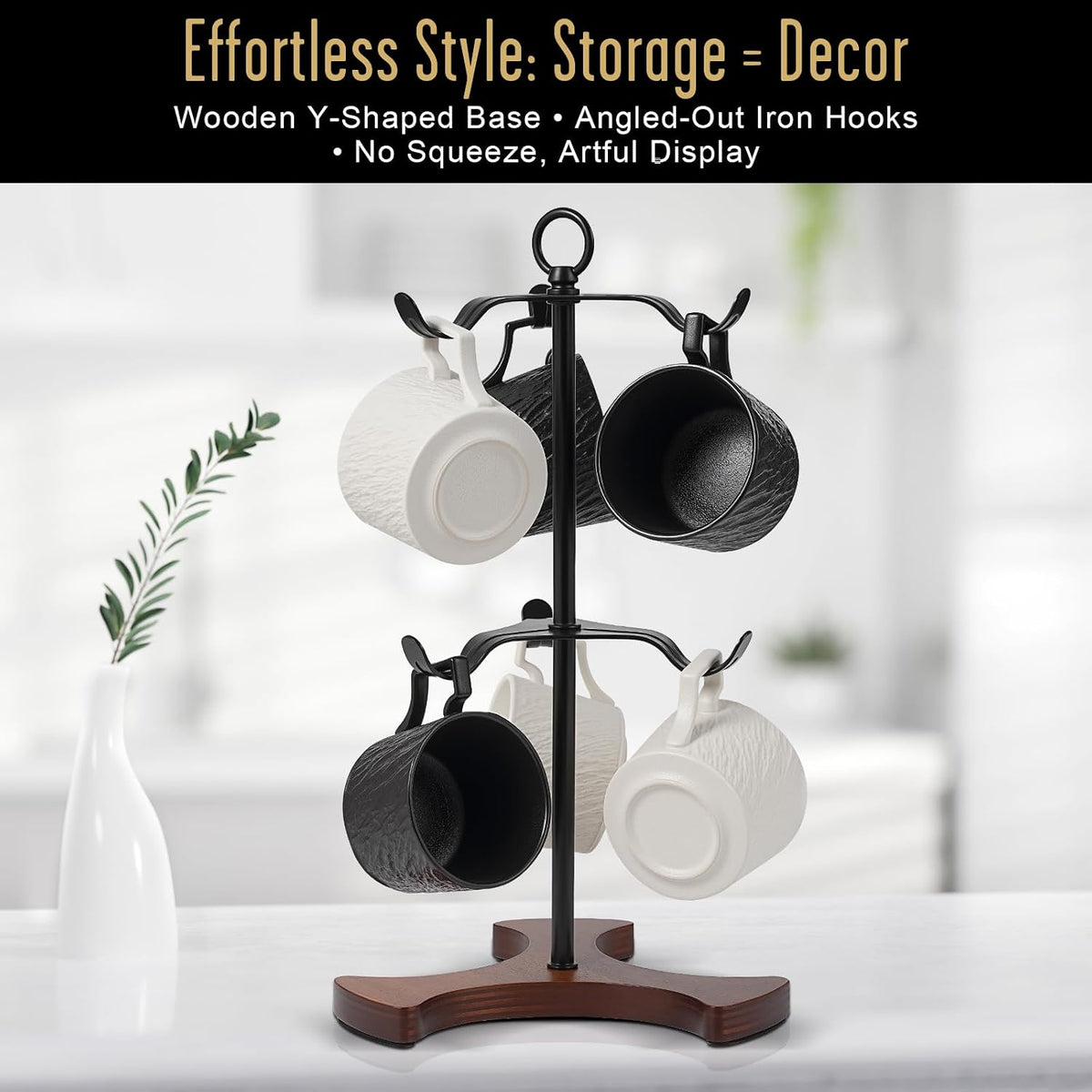 Modern Coffee Mug Tree with Wood Base