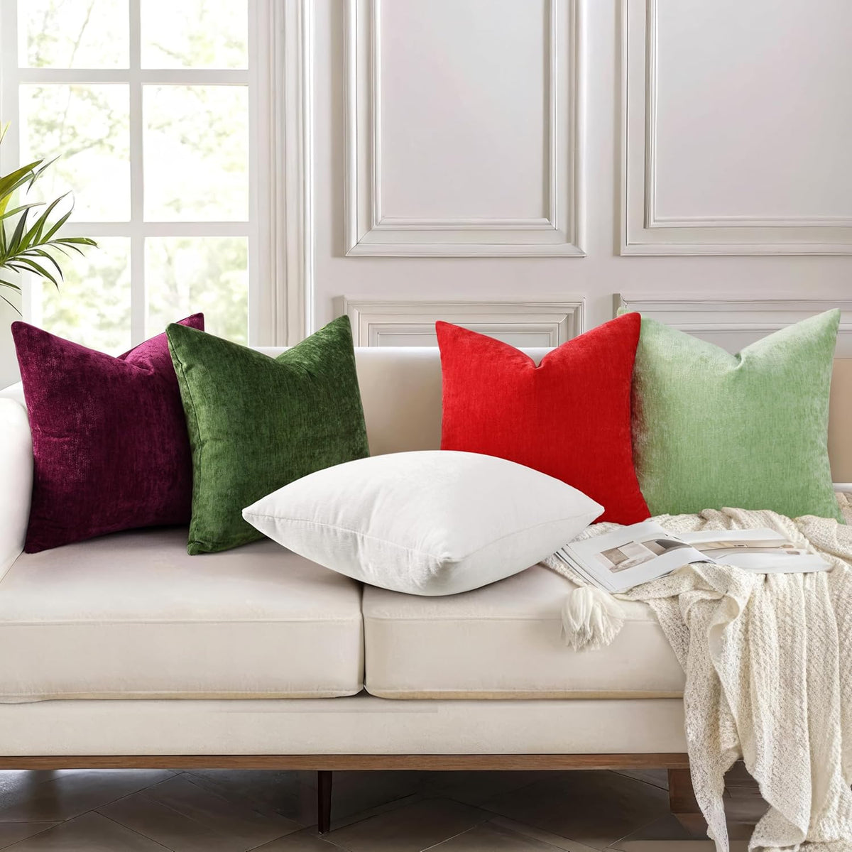 Soft Chenille Sage Green Throw Pillow Covers 18X18 Set of 2 | Decorative Fall Couch Pillow Covers Solid Dyed Accent Modern Farmhouse Neutral Square Pillow Cases for Sofa