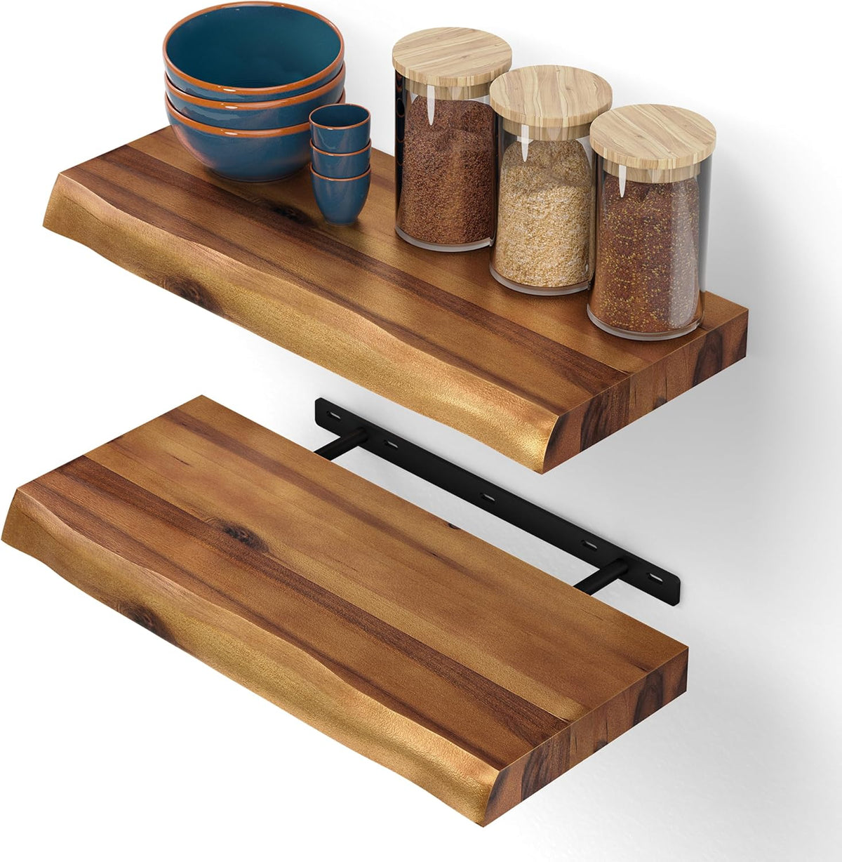 17” Live Edge Floating Shelves, Wooden Floating Shelves Set of 2 Pcs | Acacia Wood, Live Edge Design, Concealed Brackets, 100 Lb Capacity, Rustic Farmhouse Decor, Bedroom Decor, Decorative Storage