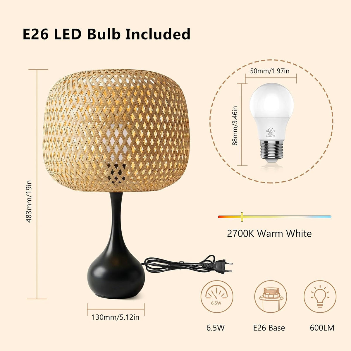 Touch Bedside Lamp for Bedroom, 3-Way Dimmable Table Lamps for Nightstand, Handwoven Bamboo Shade Desk Lamp for Living Room, Home Office