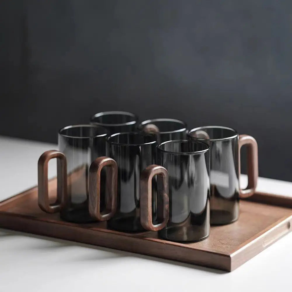 Smoked Glass Coffee Mug with Wooden Handle