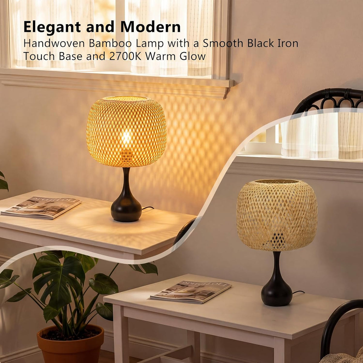 Touch Bedside Lamp for Bedroom, 3-Way Dimmable Table Lamps for Nightstand, Handwoven Bamboo Shade Desk Lamp for Living Room, Home Office