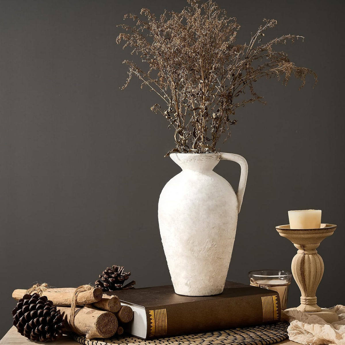 Ceramic Rustic Farmhouse Vase,9.25 Inch Terracotta Vase with Handle | Neutral Tall Clay Vases Decorative Vases for Living Room,Table,Shelf Decor(White,L)