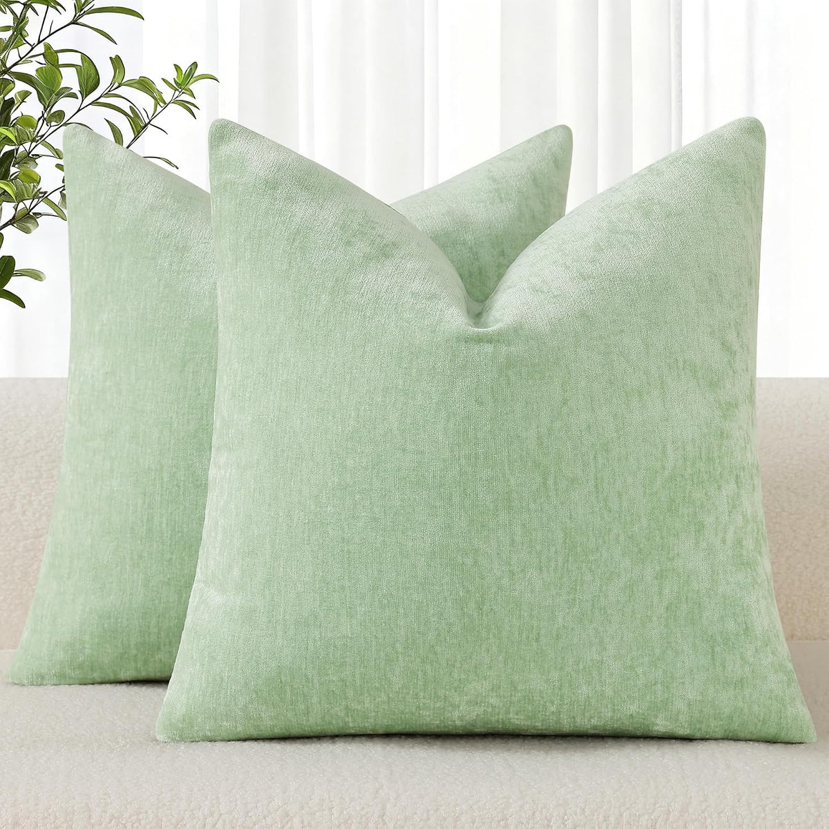 Soft Chenille Sage Green Throw Pillow Covers 18X18 Set of 2 | Decorative Fall Couch Pillow Covers Solid Dyed Accent Modern Farmhouse Neutral Square Pillow Cases for Sofa