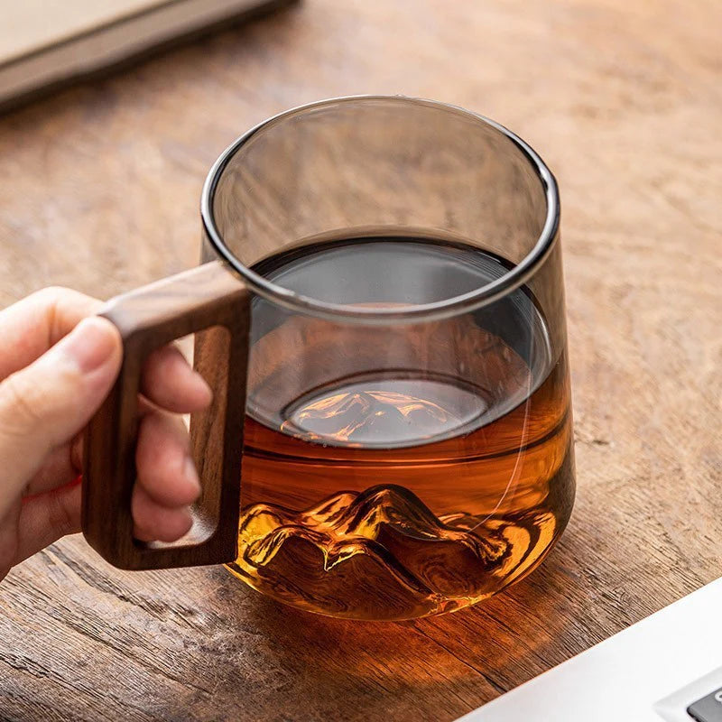 Modern Glass Mug with Wooden Side Handle