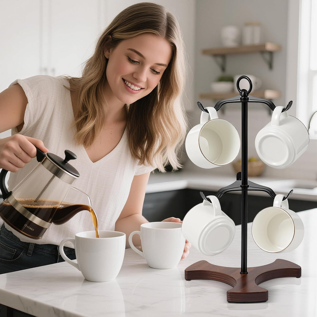 Modern Coffee Mug Tree with Wood Base
