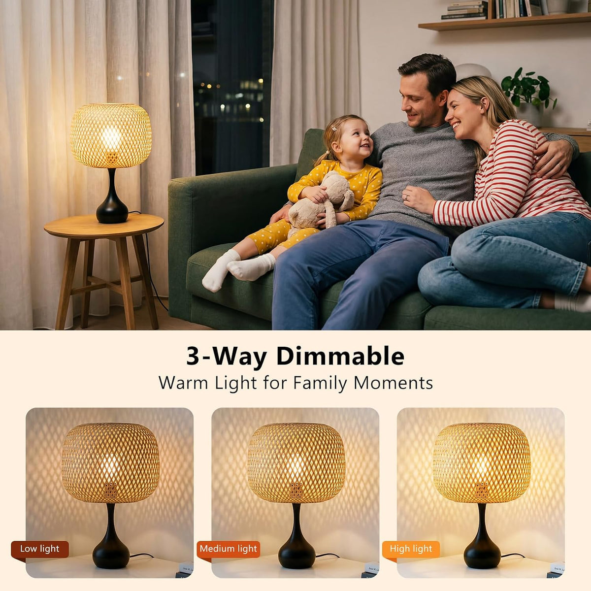 Touch Bedside Lamp for Bedroom, 3-Way Dimmable Table Lamps for Nightstand, Handwoven Bamboo Shade Desk Lamp for Living Room, Home Office