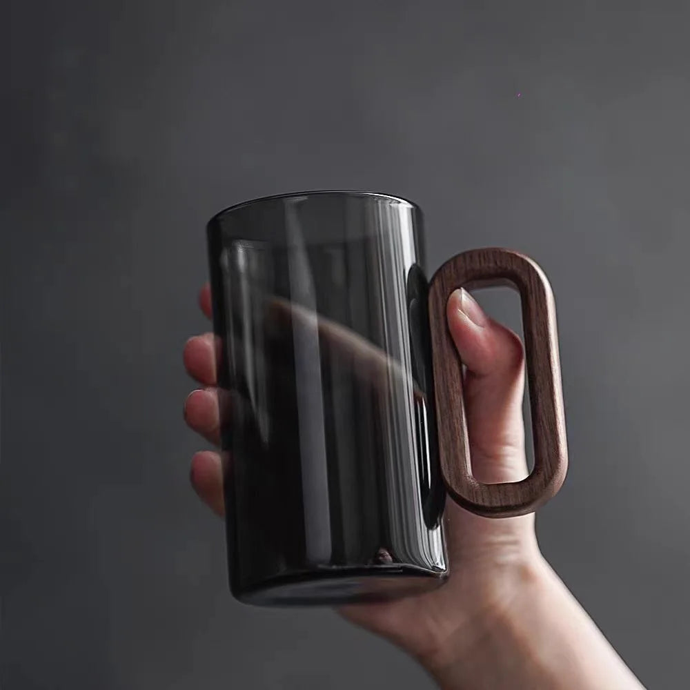 Smoked Glass Coffee Mug with Wooden Handle