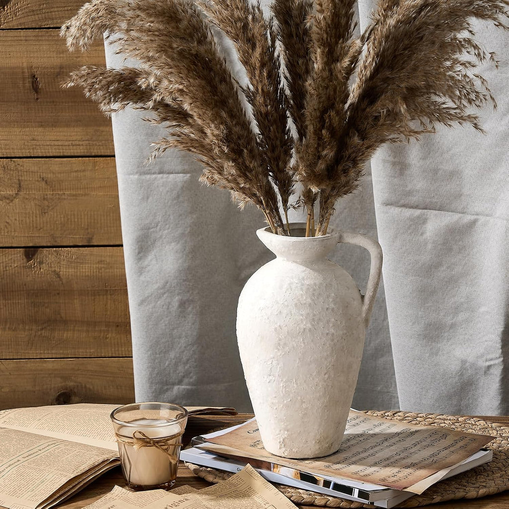 Ceramic Rustic Farmhouse Vase,9.25 Inch Terracotta Vase with Handle | Neutral Tall Clay Vases Decorative Vases for Living Room,Table,Shelf Decor(White,L)