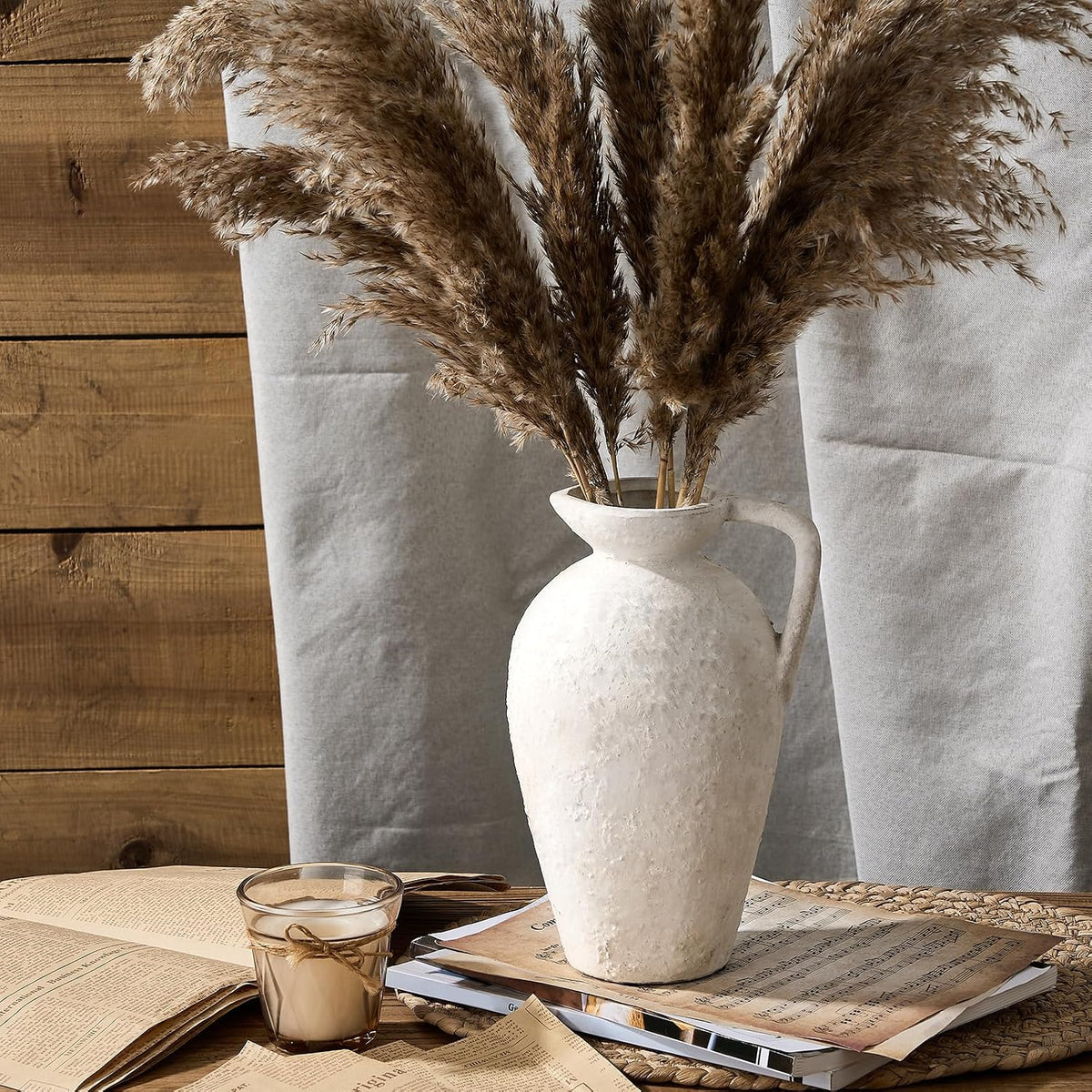 Ceramic Rustic Farmhouse Vase,9.25 Inch Terracotta Vase with Handle | Neutral Tall Clay Vases Decorative Vases for Living Room,Table,Shelf Decor(White,L)