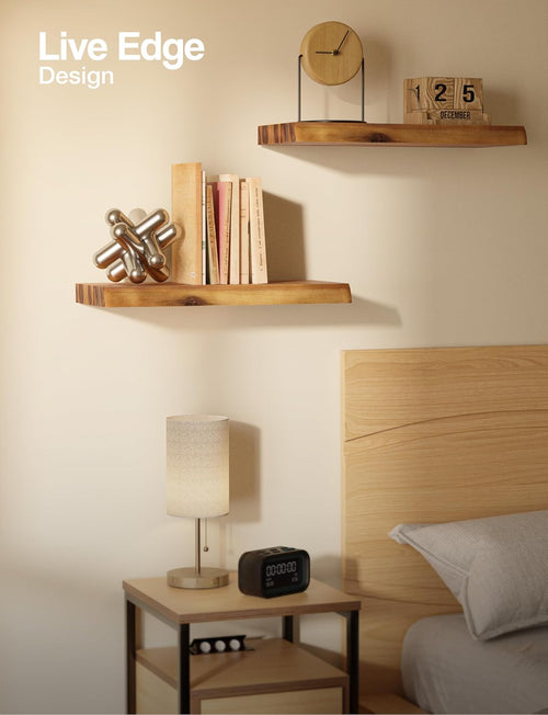 17” Live Edge Floating Shelves, Wooden Floating Shelves Set of 2 Pcs | Acacia Wood, Live Edge Design, Concealed Brackets, 100 Lb Capacity, Rustic Farmhouse Decor, Bedroom Decor, Decorative Storage
