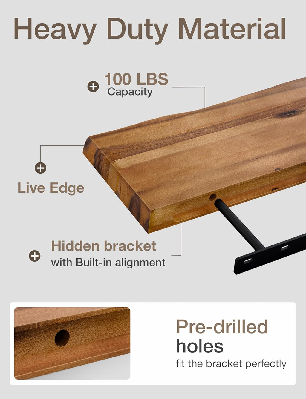 17” Live Edge Floating Shelves, Wooden Floating Shelves Set of 2 Pcs | Acacia Wood, Live Edge Design, Concealed Brackets, 100 Lb Capacity, Rustic Farmhouse Decor, Bedroom Decor, Decorative Storage