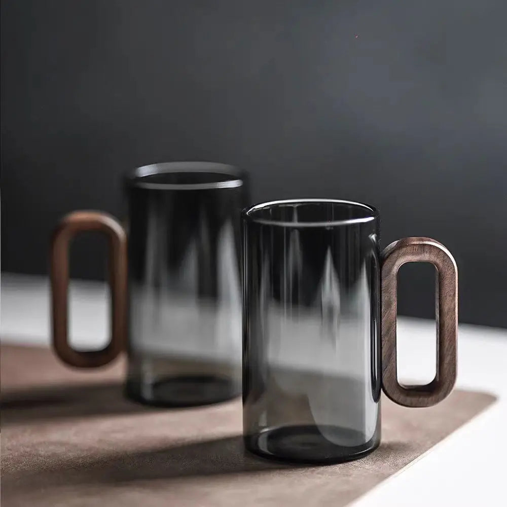 Smoked Glass Coffee Mug with Wooden Handle