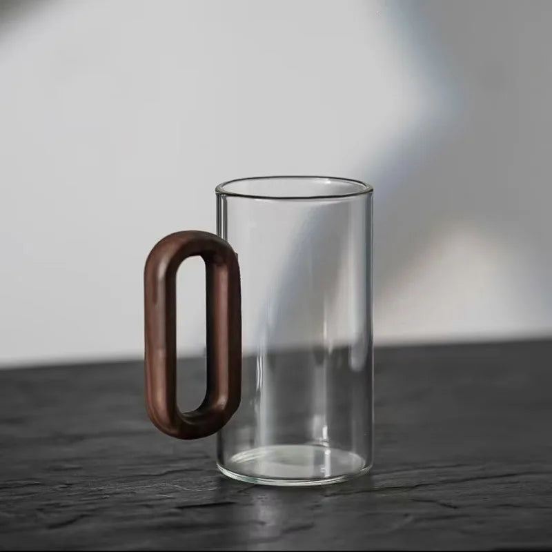 Smoked Glass Coffee Mug with Wooden Handle