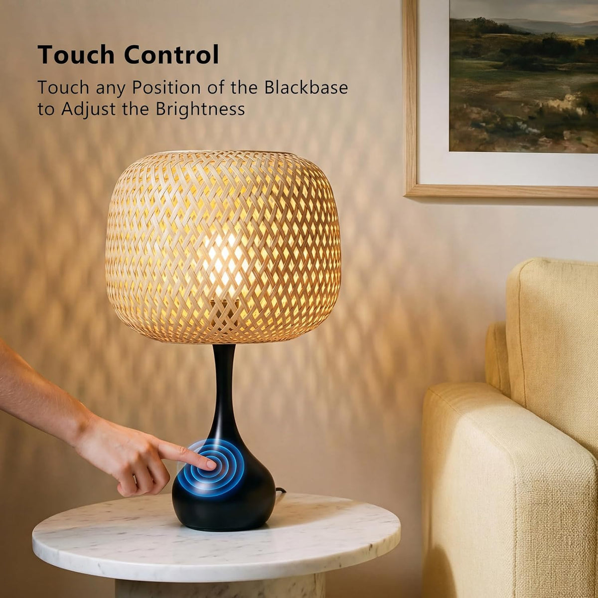 Touch Bedside Lamp for Bedroom, 3-Way Dimmable Table Lamps for Nightstand, Handwoven Bamboo Shade Desk Lamp for Living Room, Home Office