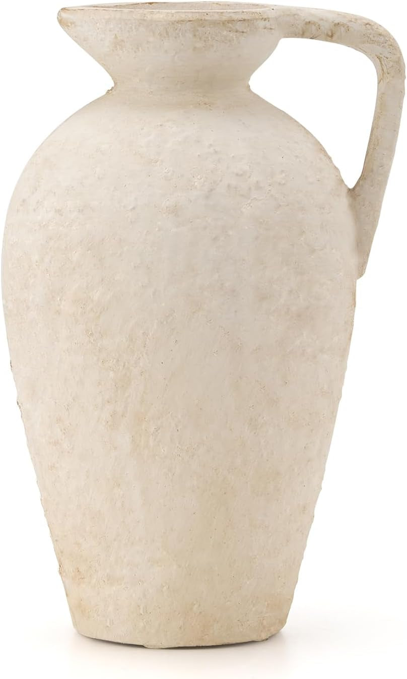 Ceramic Rustic Farmhouse Vase,9.25 Inch Terracotta Vase with Handle | Neutral Tall Clay Vases Decorative Vases for Living Room,Table,Shelf Decor(White,L)