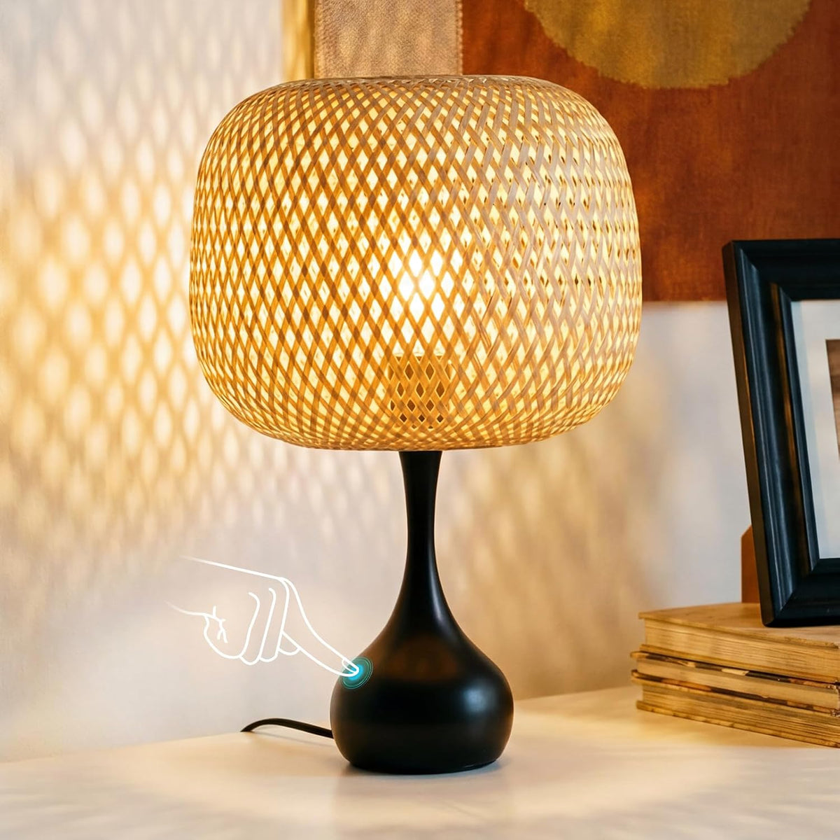 Touch Bedside Lamp for Bedroom, 3-Way Dimmable Table Lamps for Nightstand, Handwoven Bamboo Shade Desk Lamp for Living Room, Home Office