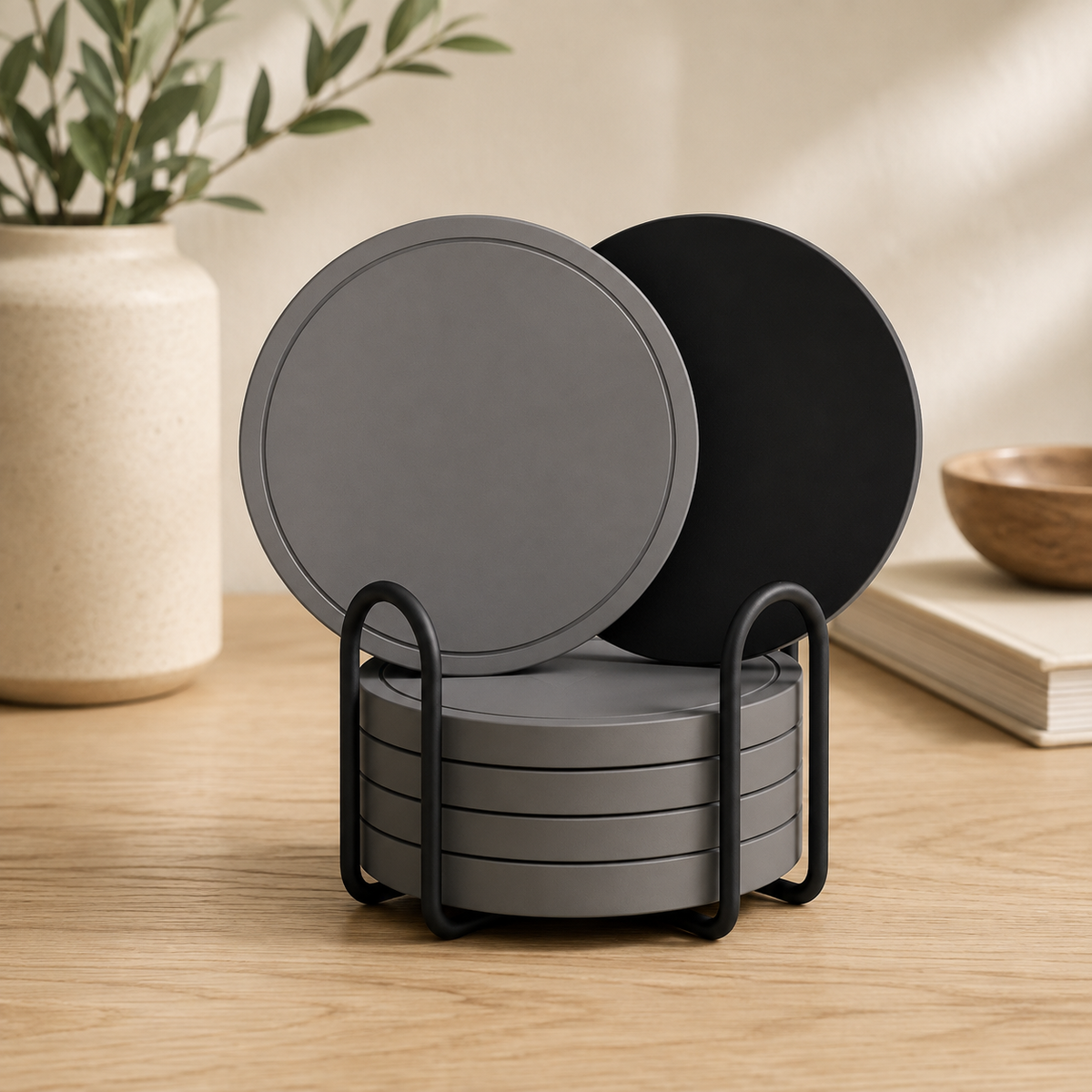 Absorbent Stone Coasters with Holder – Set of 6